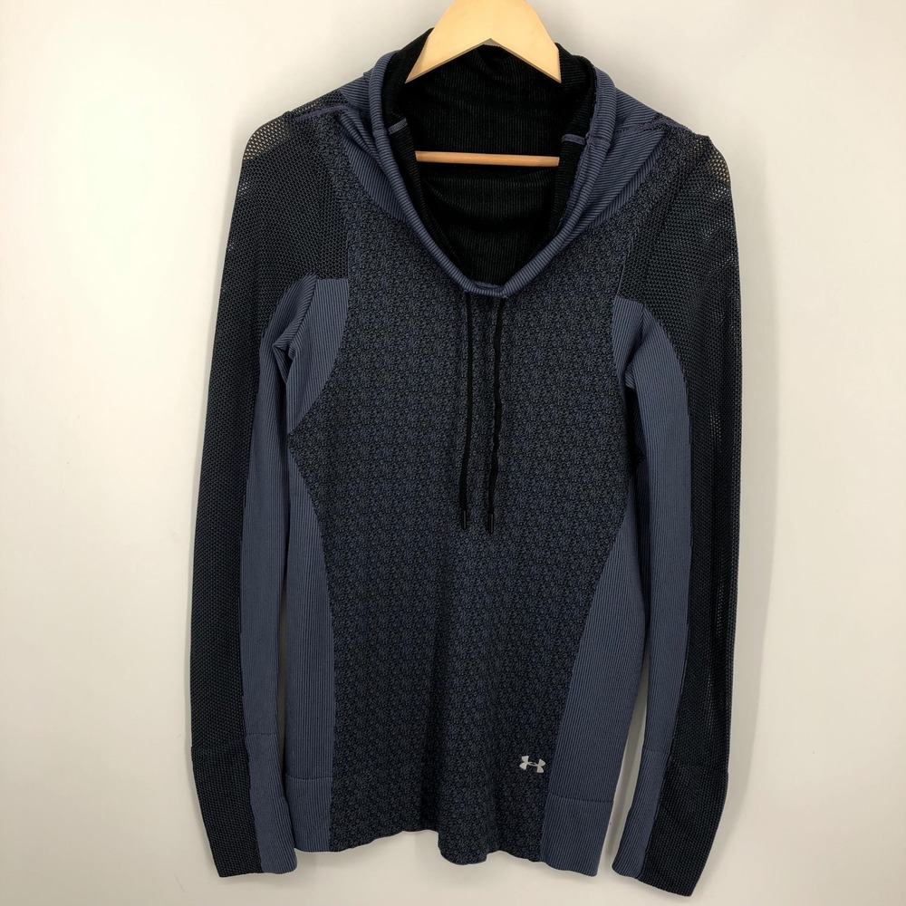 Under Armour Womens Heatgear Top Size Small Blue Fitted Cowl Neck Thumbhole Mesh